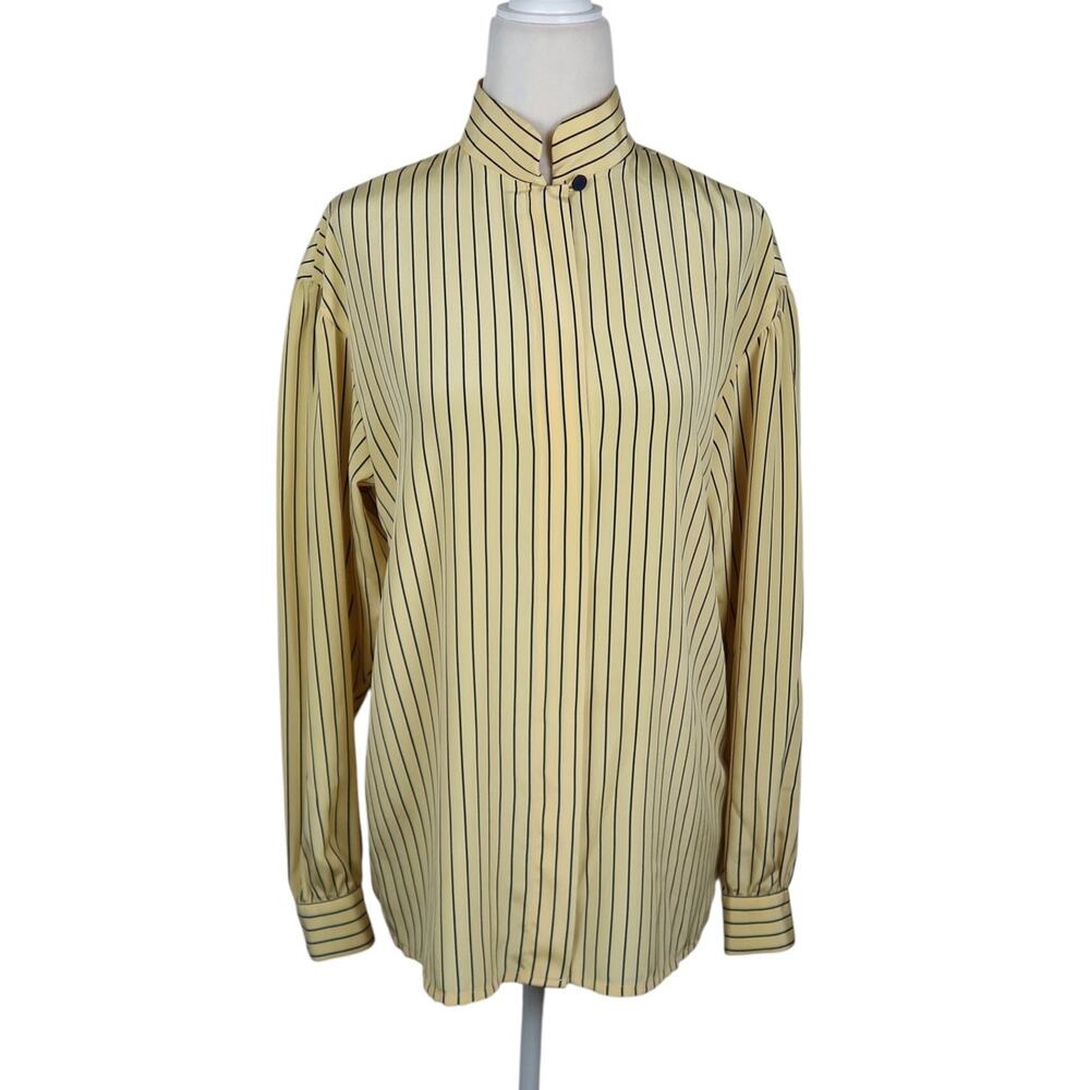 Vintage 80s Evan Picone Light Yellow and Navy Blue Striped Blouse Top 8